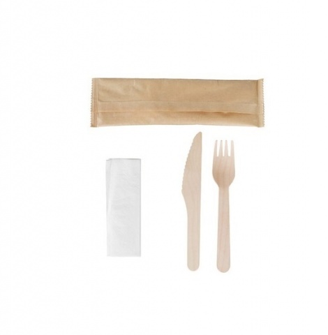 Drewniany widelec + nóż + serwetka w papierku 250szt U1351