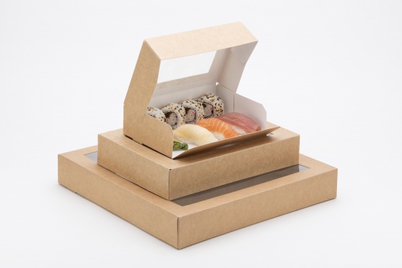Papierowe pudełko na sushi z okienkiem powlekane lakierem 32/32/5 KS32325