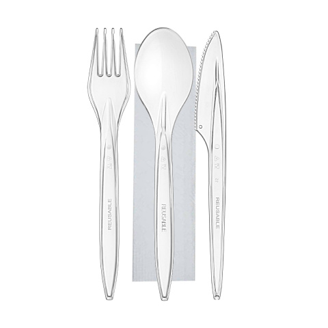 Premium wielorazowy komplet WIDELEC NÓŻ ŁYŻKA SERWETKA transparent